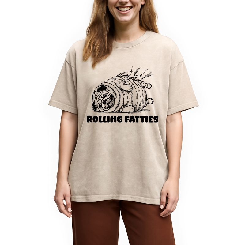 Modecanvas Rolling Fatties Dog Funny Pug Meme Washed T-Shirt