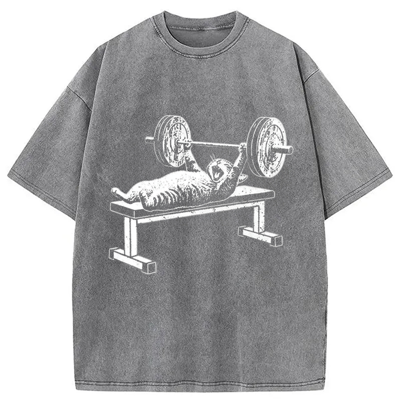 Modecanvas Funny Cat Gym DTG Printing Washed T-Shirt