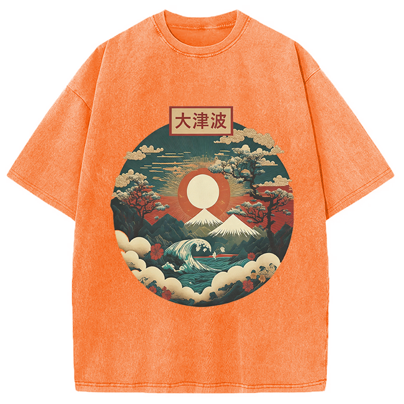 Modecanvas Japanese Red Sunset DTG Printing Washed T-Shirt