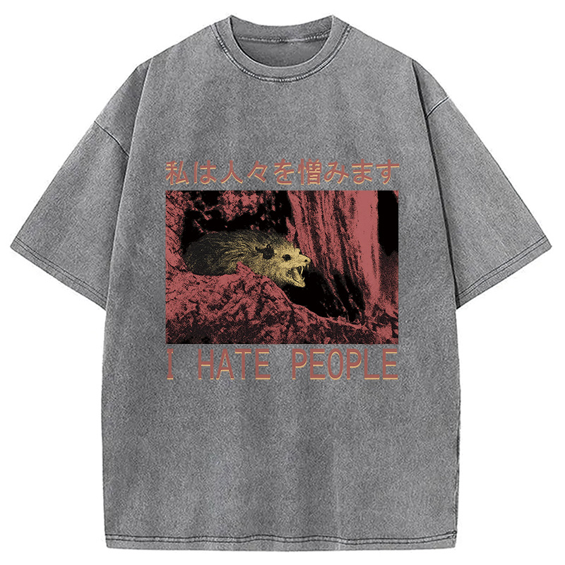 Modecanvas I Hate People Opossum DTG Printing Washed T-Shirt-modecanvas