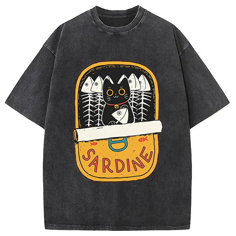 Modecanvas Sardine and Cat DTG Printing Washed T-Shirt