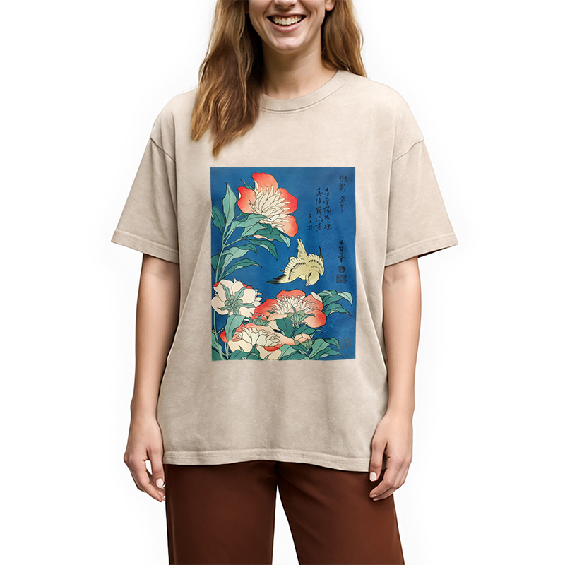 Modecanvas Hokusai Flowers Peonies Bird Washed T-Shirt
