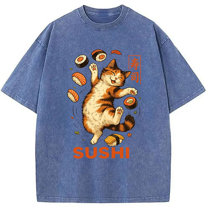 Modecanvas Funny Sushi Cat DTG Printing Washed T-Shirt