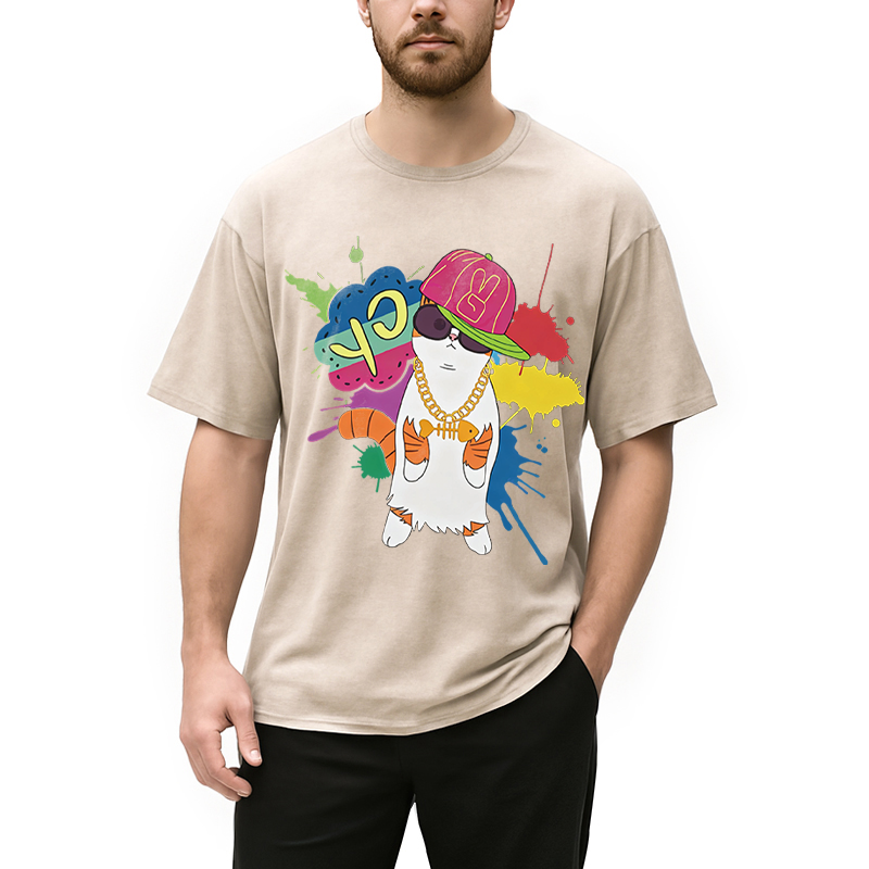 Modecanvas Hip Hop Cat DTG Printing Washed T-Shirt