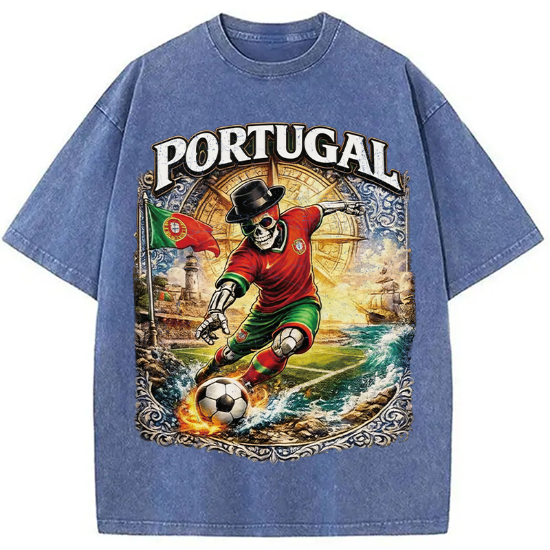 Modecanvas Portugal Soccer Skull DTG Printing Washed T-Shirt