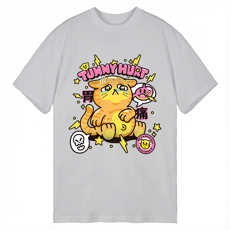 Modecanvas Tummy Hurt Cute Cat DTG Printing Classic T-Shirt-modecanvas