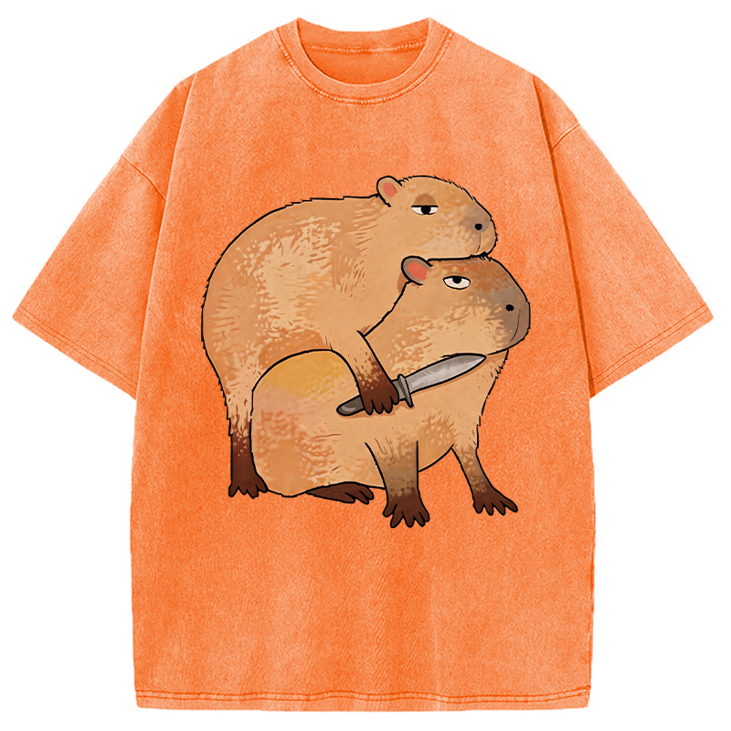 Modecanvas Capybara With Knife Funny DTG Printing Washed T-Shirt