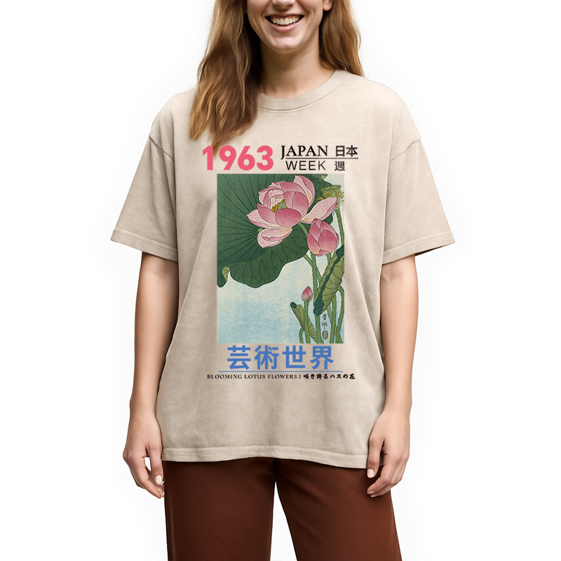 Modecanvas Blooming Lotus Flowers DTG Printing Washed T-Shirt