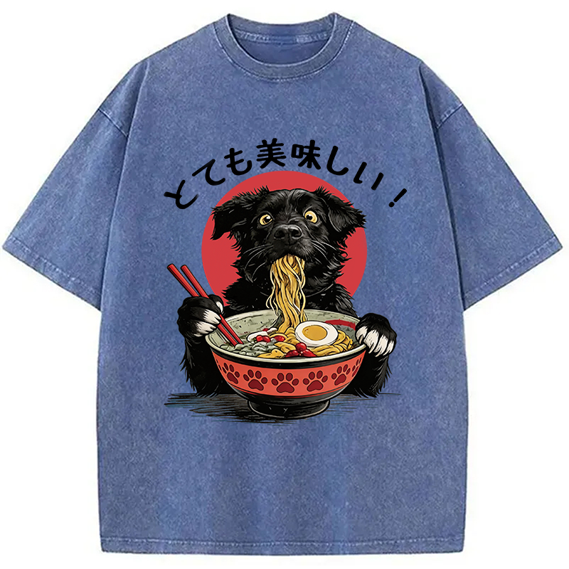 Modecanvas Dog Eating Ramen Joyfully DTG Printing Washed T-Shirt