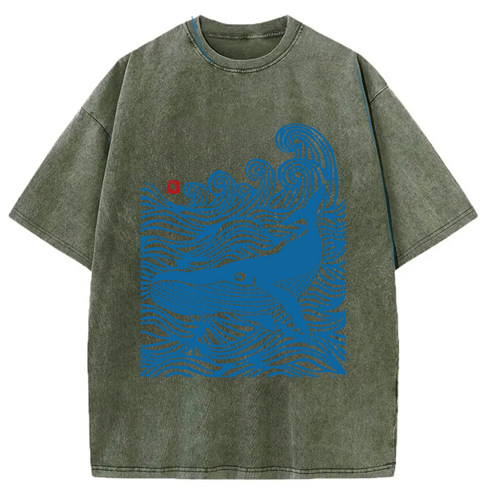 Modecanvas Woodcut Whale Washed T-Shirt-modecanvas