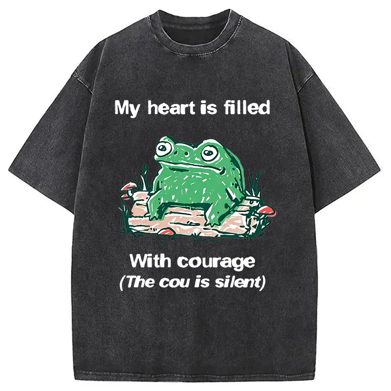 Modecanvas My Heart Is Filled With Courage Frog DTG Printing Washed T-Shirt-modecanvas
