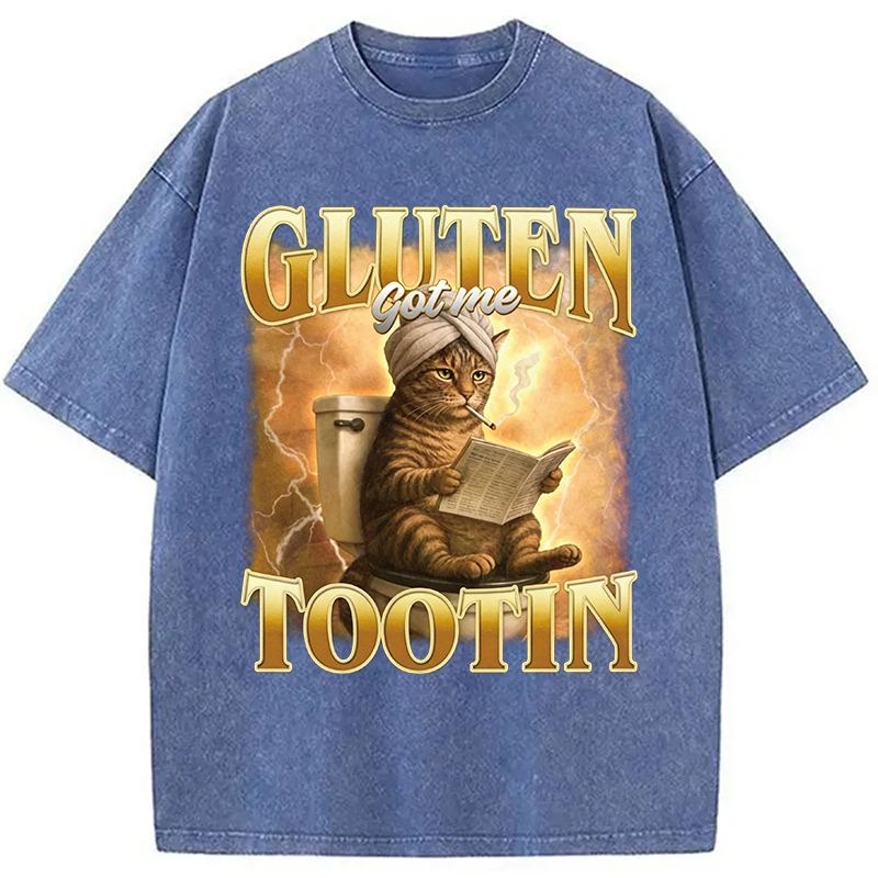Modecanvas Gluten Got Me Tootin Funny Cat Meme DTG Printing Washed T-Shirt