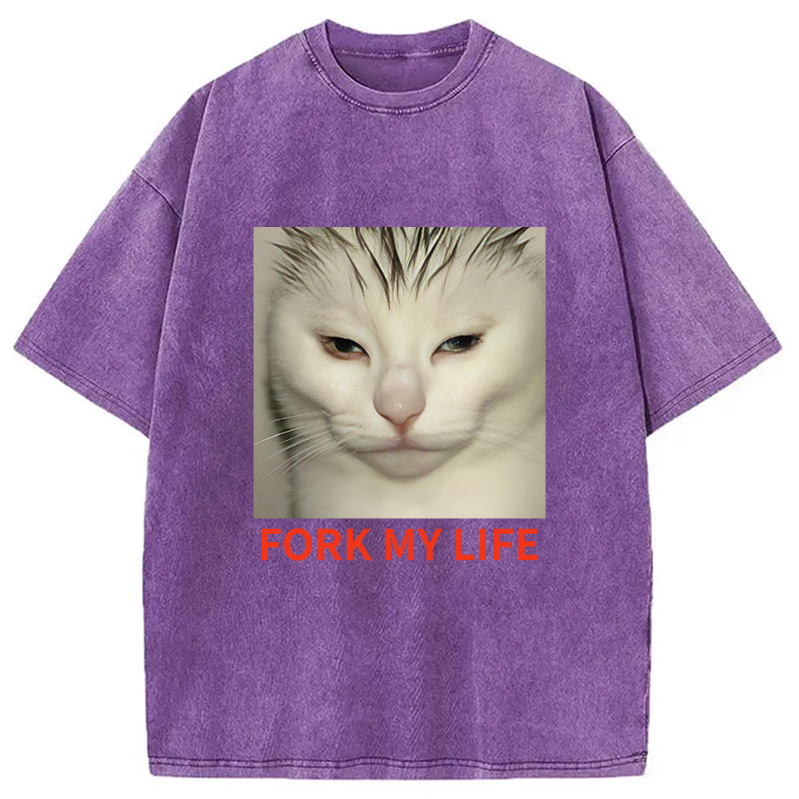 Modecanvas White Cat Fork My Life Washed T-Shirt