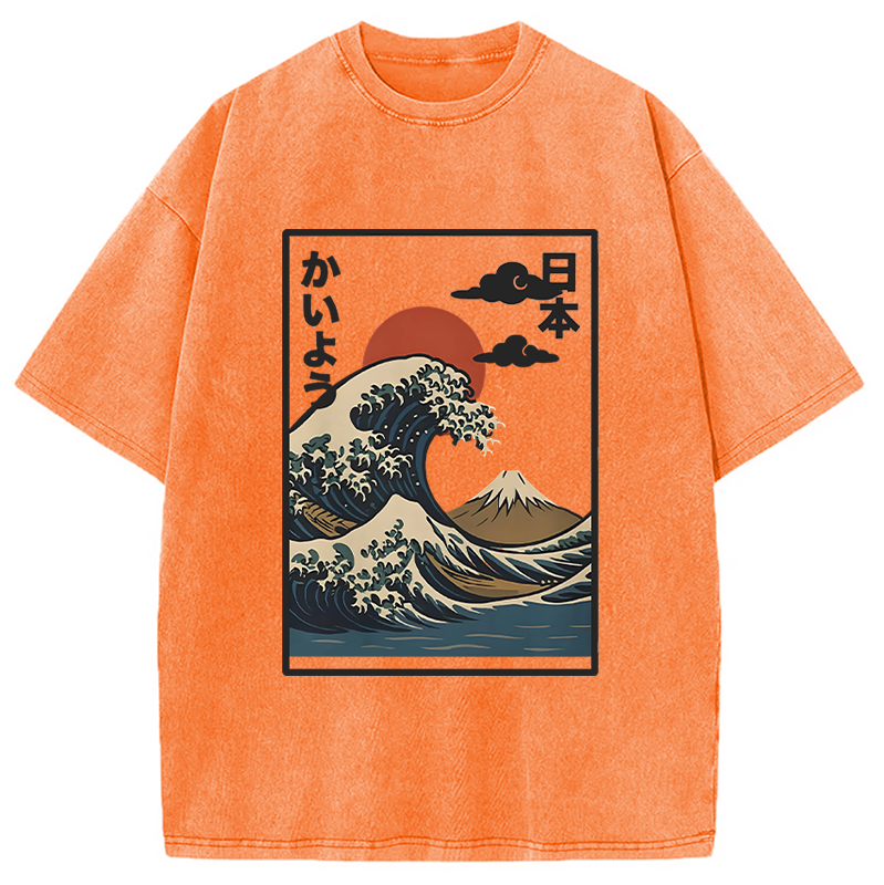 Modecanvas Ocean Wave Sun Japan Washed T-Shirt