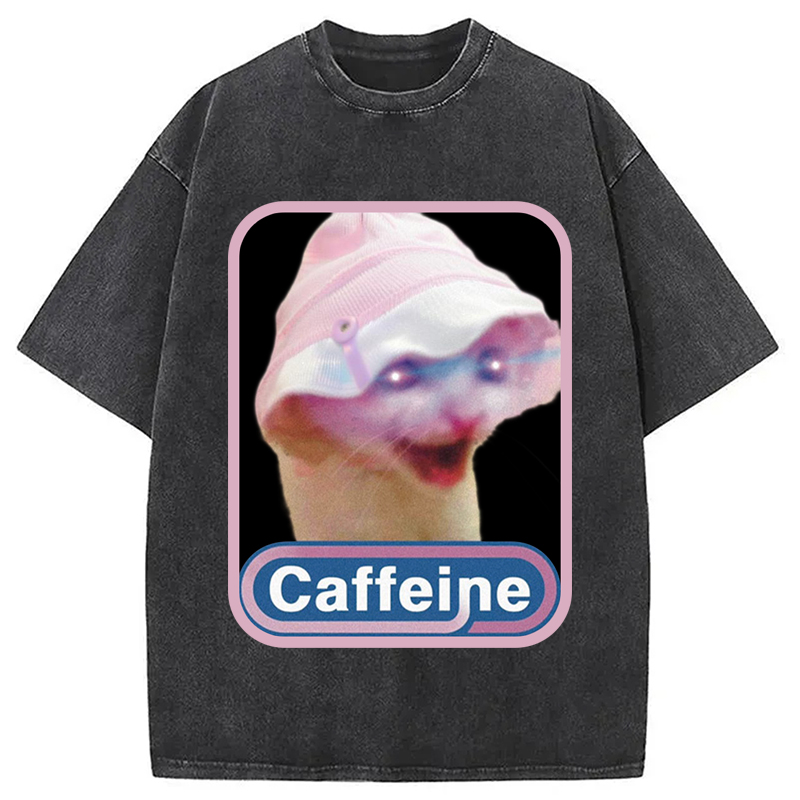 Modecanvas Caffeine Hat Cat Funny Meme Washed T-Shirt