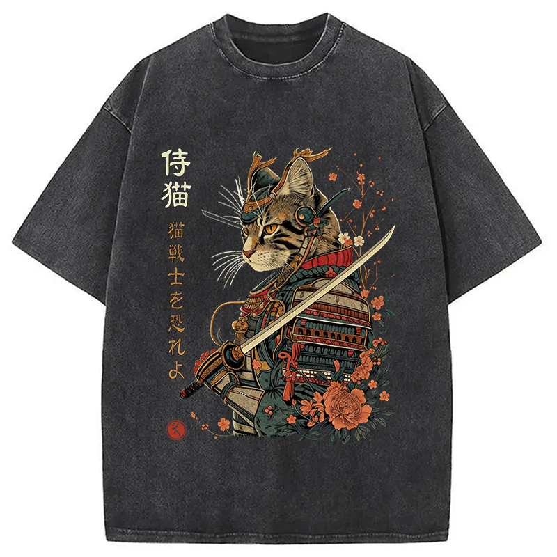 Modecanvas Japanese Samurai Cat DTG Printing Washed T-Shirt-modecanvas