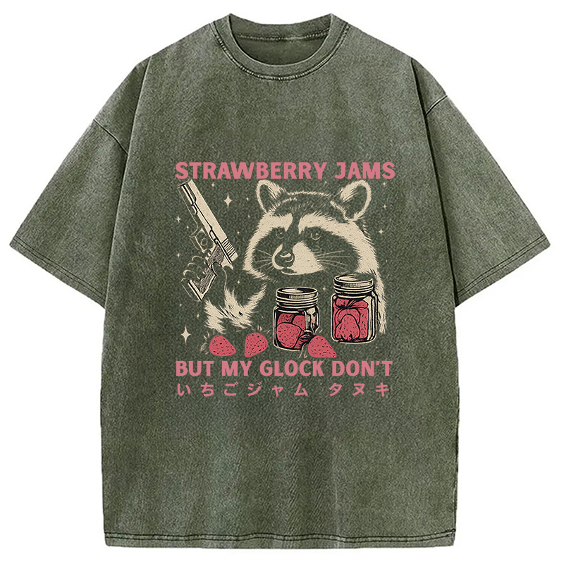 Modecanvas Strawberry Jams Funny Raccoon Washed T-Shirt For Sale
