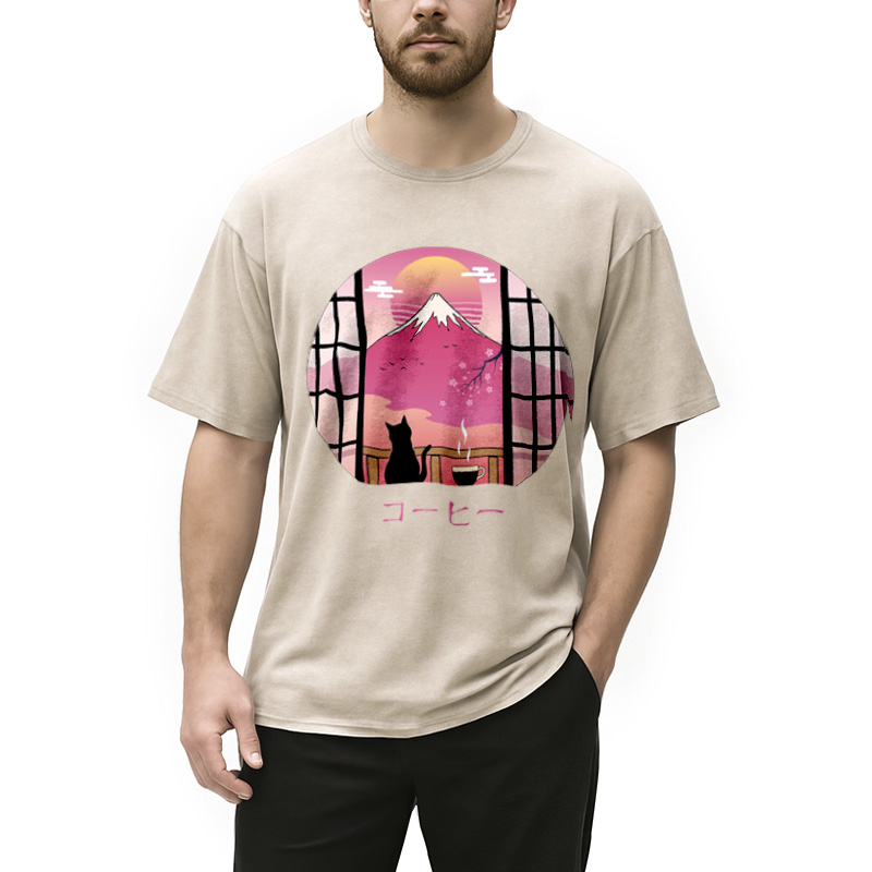 Modecanvas Mount Fuji Black Cat Tea Washed T-Shirt
