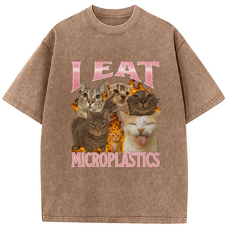 Modecanvas I Eat Microplastics Funny Cat Meme Washed T-Shirt-modecanvas