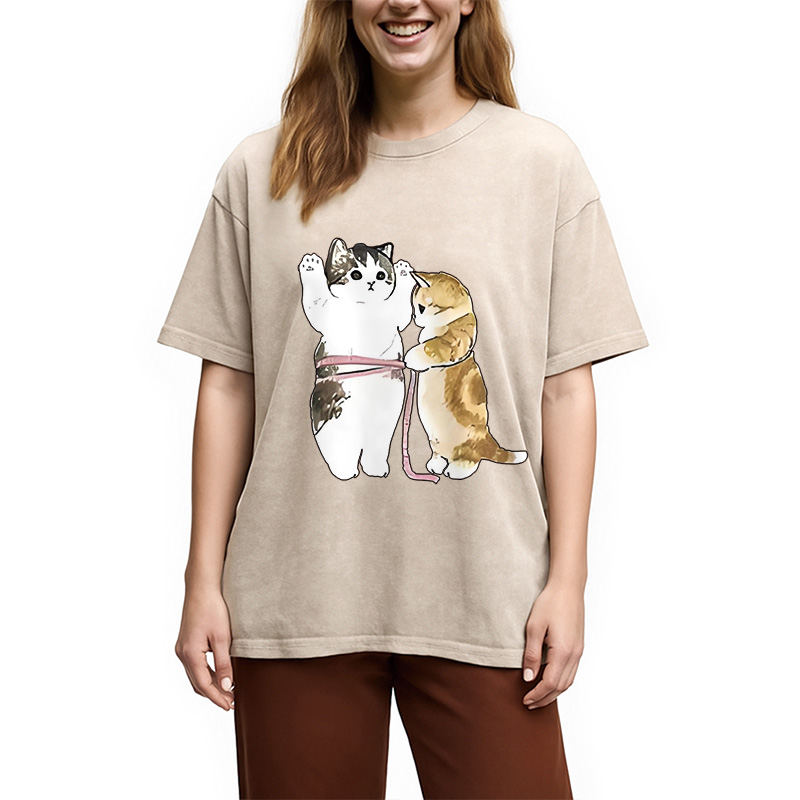 Modecanvas Cute Cat Measurement Washed T-Shirt