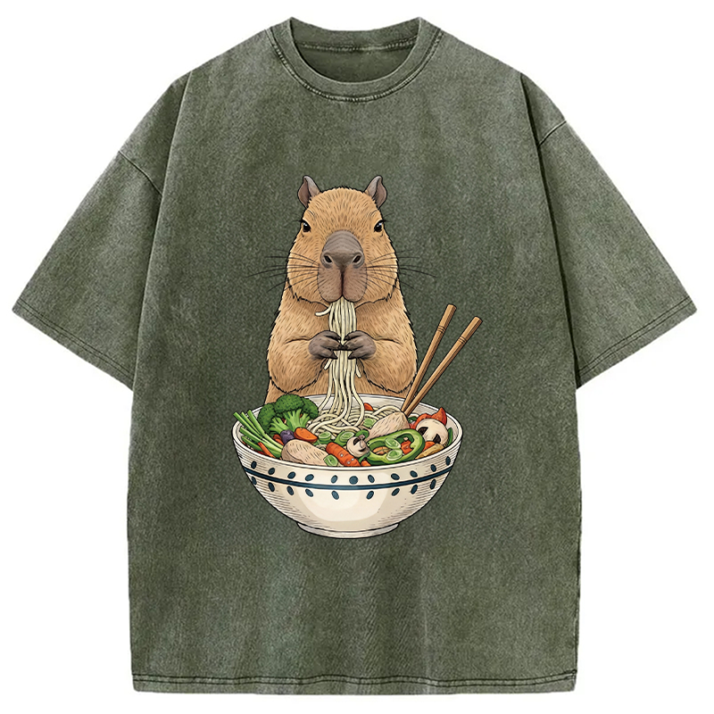 Modecanvas Funny Capybara Eating Ramen DTG Printing Washed T-Shirt