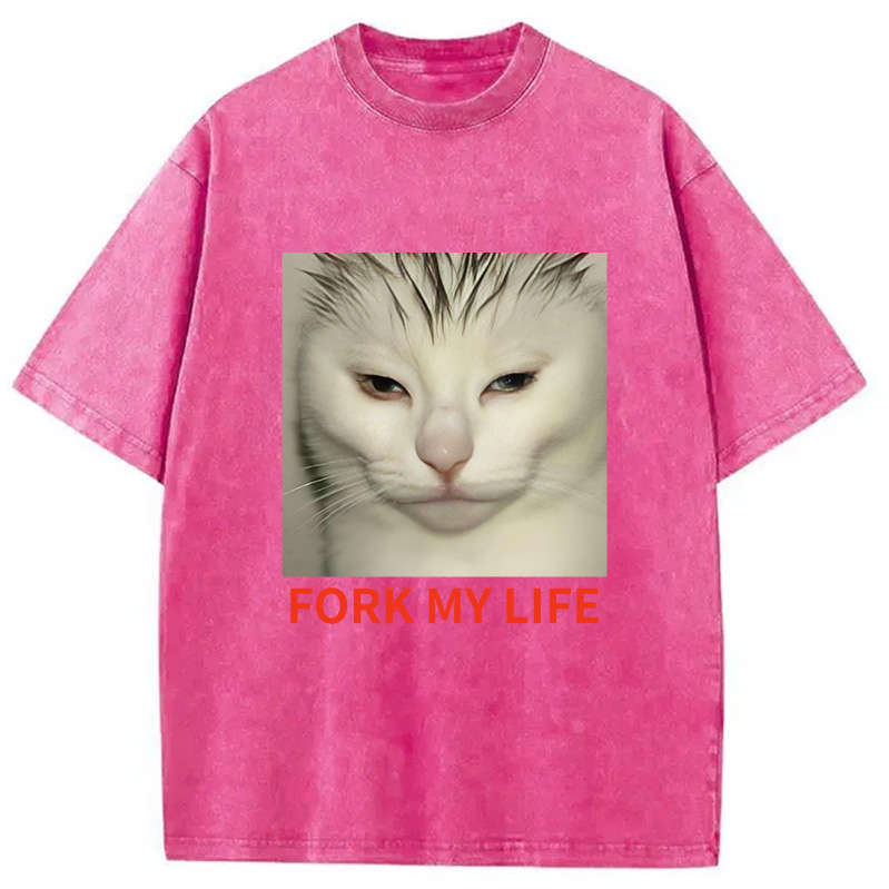 Modecanvas White Cat Fork My Life Washed T-Shirt