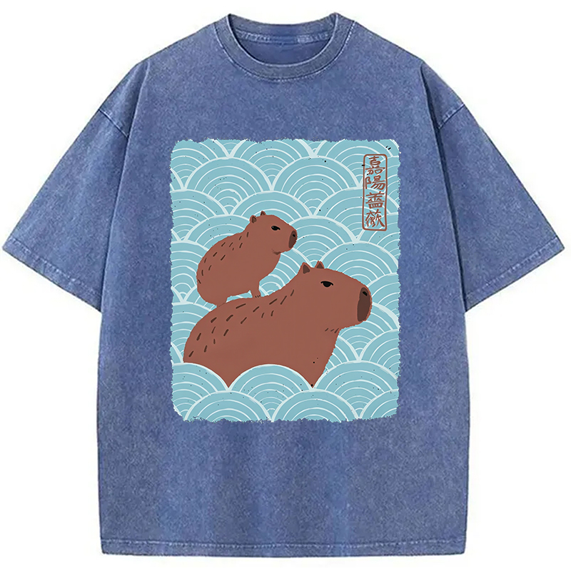 Modecanvas Kawaii Capybara Ukiyo-e Washed T-Shirt