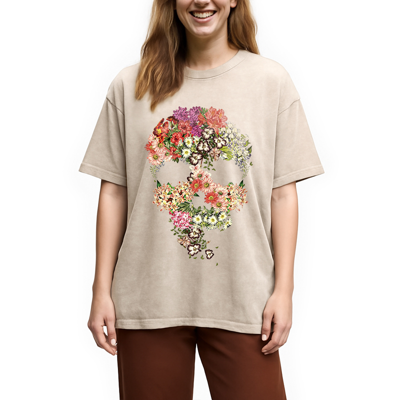 Modecanvas Skull Floral DTG Printing Washed T-Shirt
