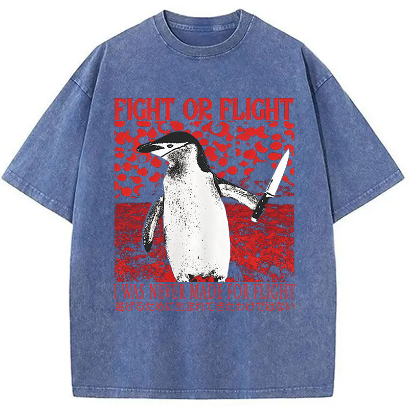 Modecanvas Vintage Japanese Funny Penguin DTG Printing Washed T-Shirt-modecanvas