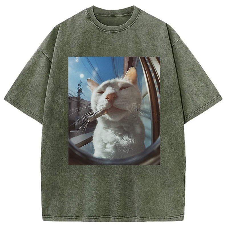 Modecanvas Smoking Cat Meme Washed T-Shirt