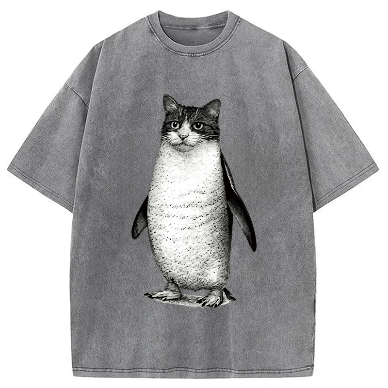Modecanvas Penguin Cat DTG Printing Washed T-Shirt