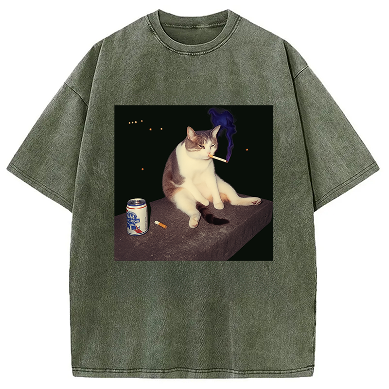 Modecanvas Cigarette Kitten Funny Smoking Cat Meme Washed T-Shirt-modecanvas