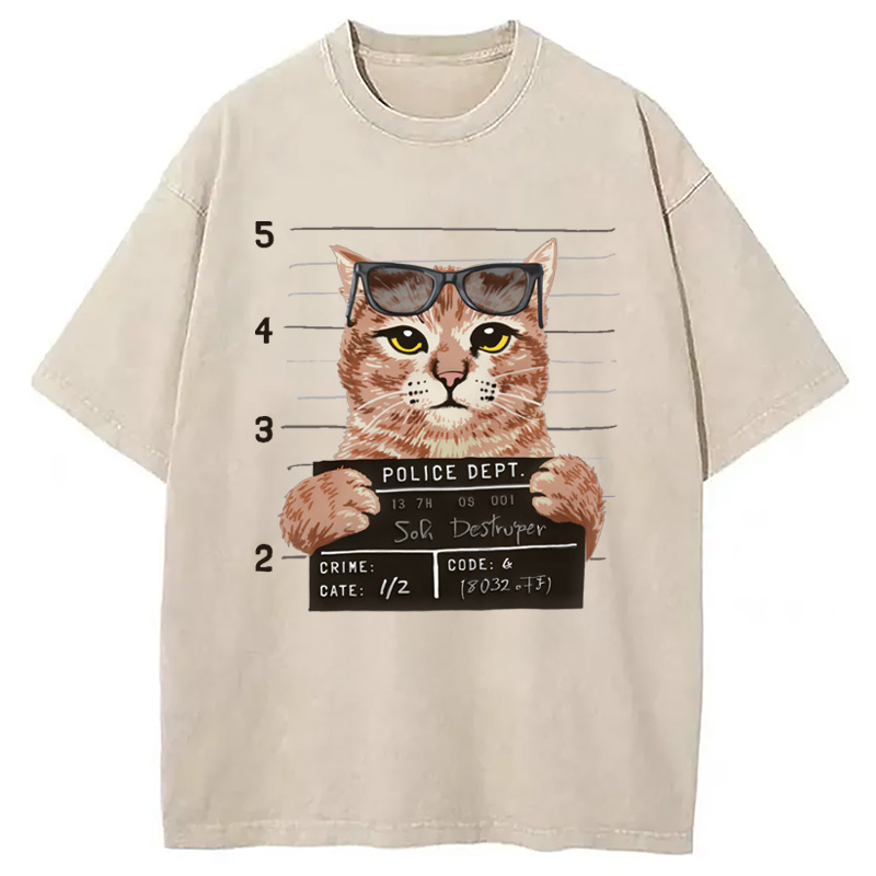 Modecanvas Cat Holding Mugshot Arrested Washed T-Shirt