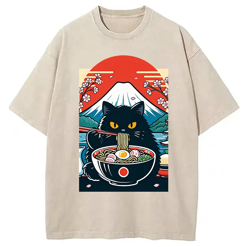 Modecanvas Black Cat Having Ramen Mount Fuji DTG Printing Washed T-Shirt