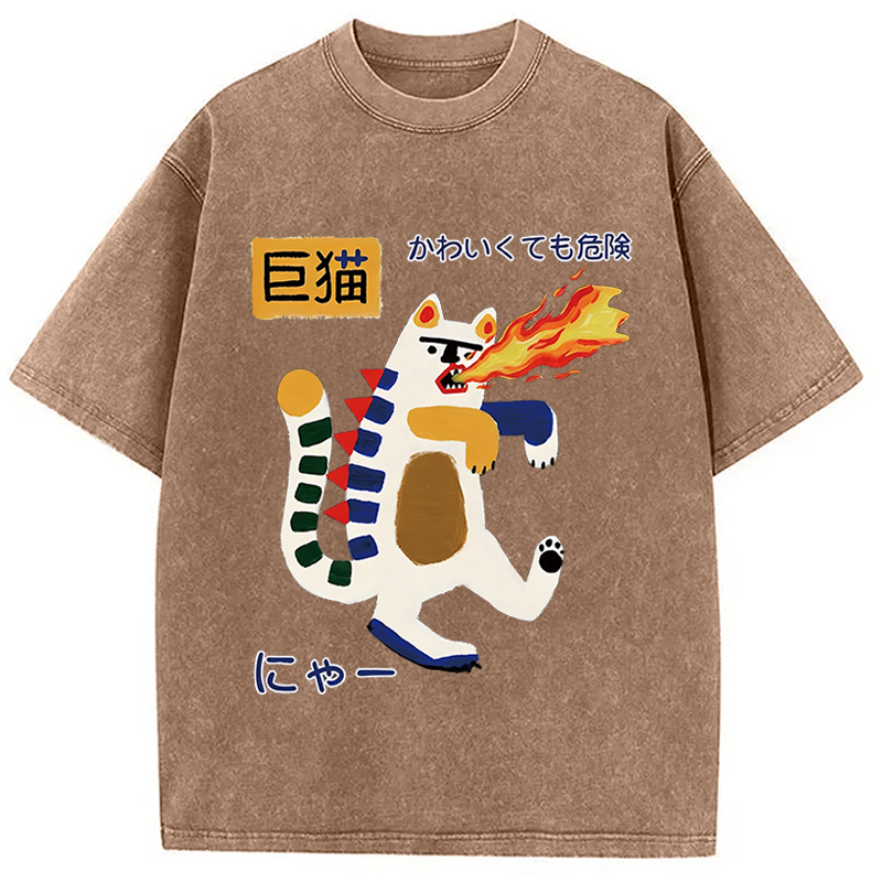 Modecanvas Fire-breathing Giant Cat DTG Printing Washed T-Shirt