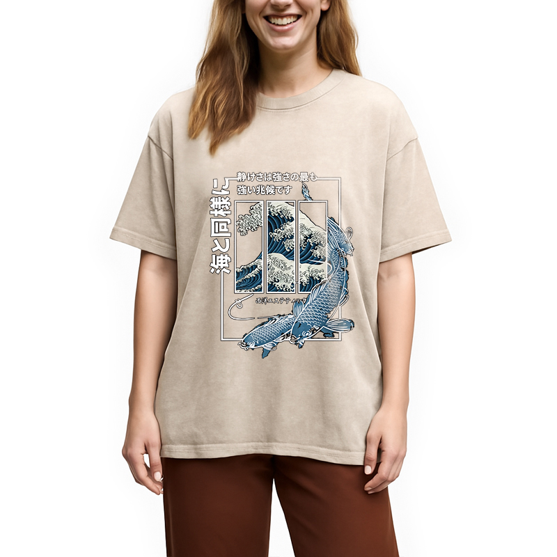 Modecanvas Koi Fish Great Wave DTG Printing Washed T-Shirt