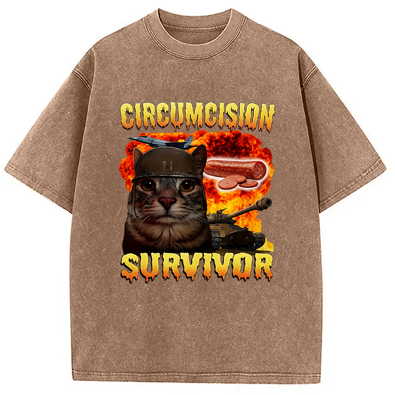 Modecanvas Circumcision Survivor Funny Cat Meme Washed T-Shirt-modecanvas