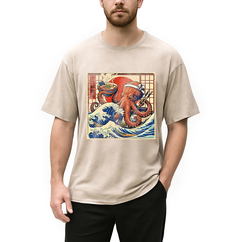 Modecanvas Ukiyo-E Octopus Ramen DTG Printing Washed T-Shirt