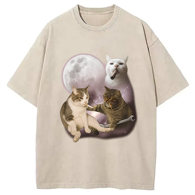 Modecanvas Three Cat Smoking Retro Washed T-Shirt