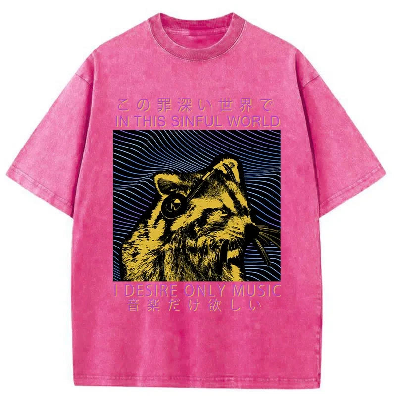 Modecanvas Raccoon Listening To Music Washed T-Shirt
