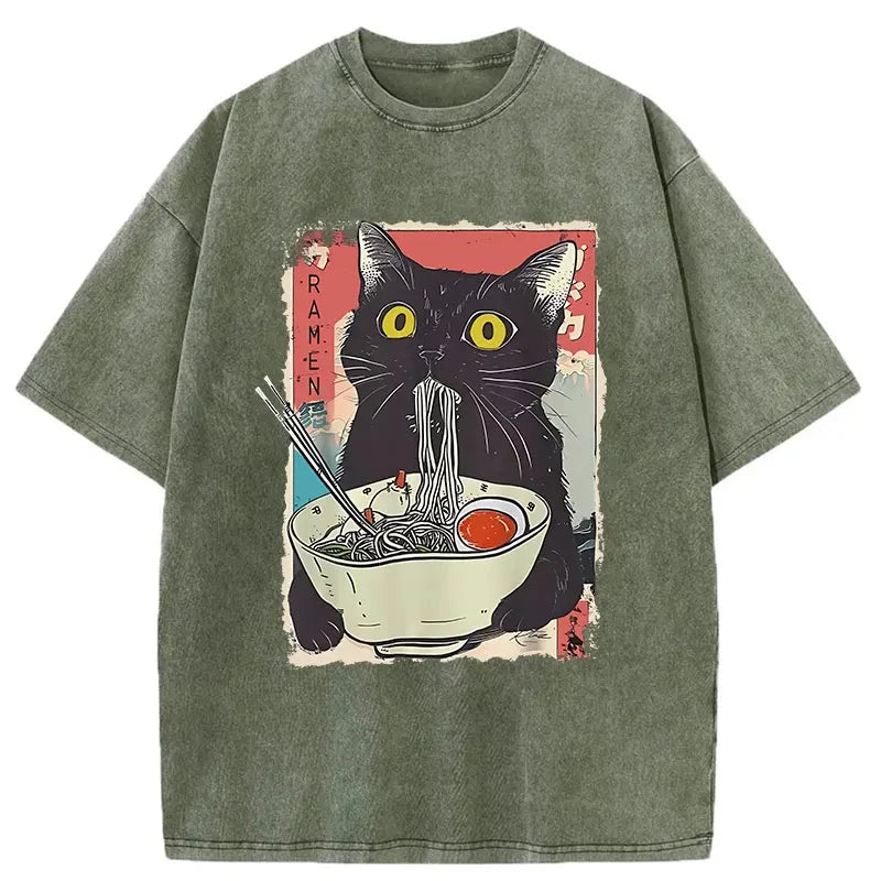 Modecanvas Cute Cat Eating Ramen Washed T-Shirt-modecanvas