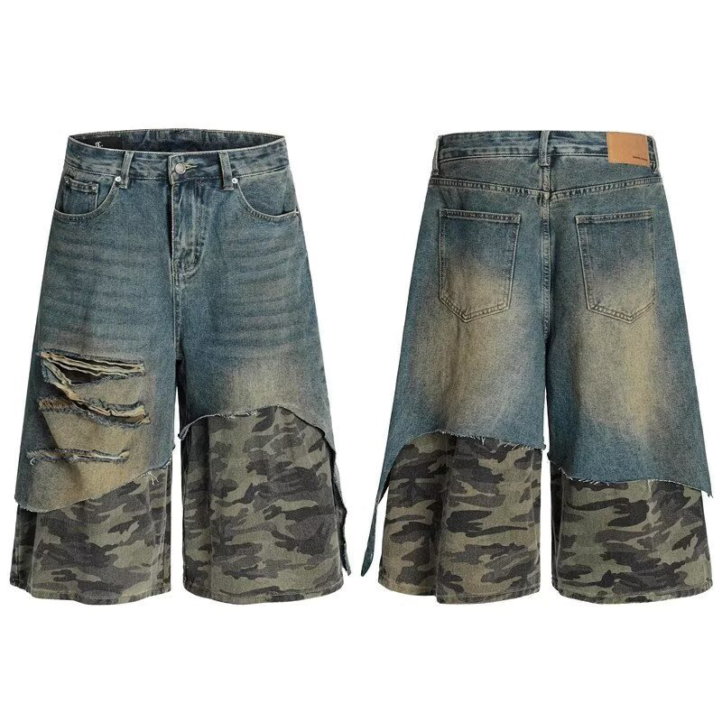 Modecanvas Asymmetric Camo Denim Shorts