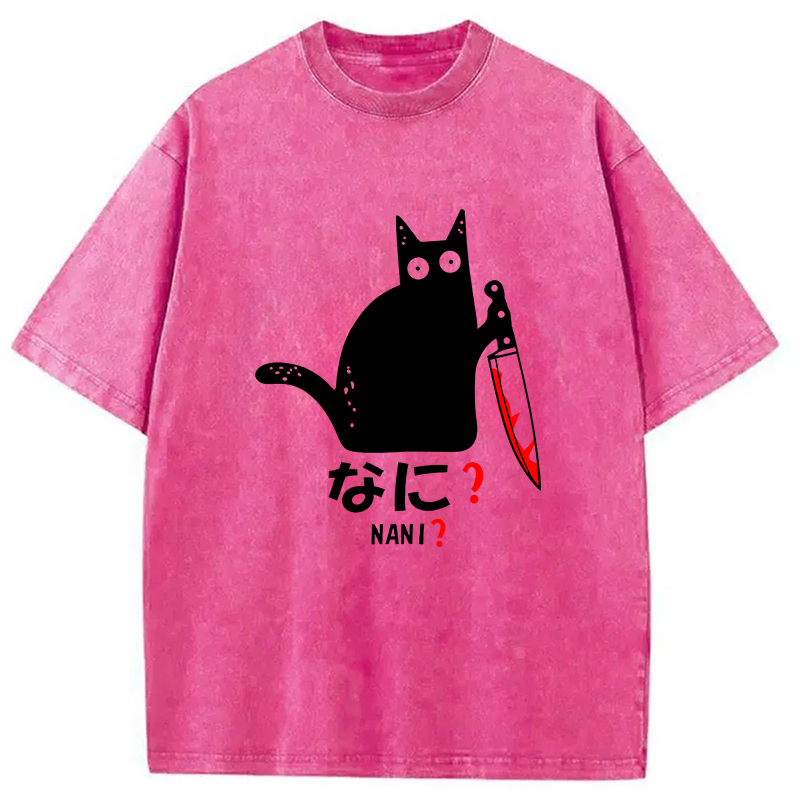 Modecanvas A Puzzled Cat Holding A Knife Washed T-Shirt-modecanvas