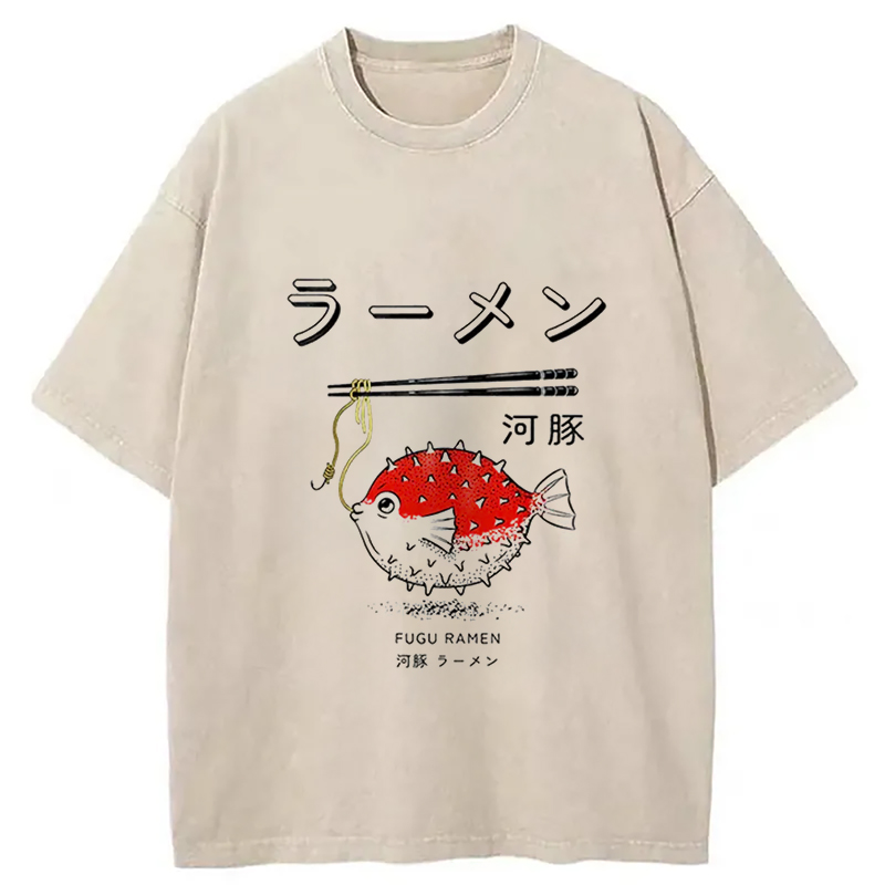 Modecanvas Fugu Ramen Japanese Retro Print Washed T-Shirt-modecanvas