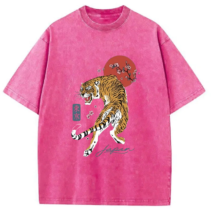 Modecanvas Tiger Blossom Japanese Sakura Washed T-Shirt-modecanvas