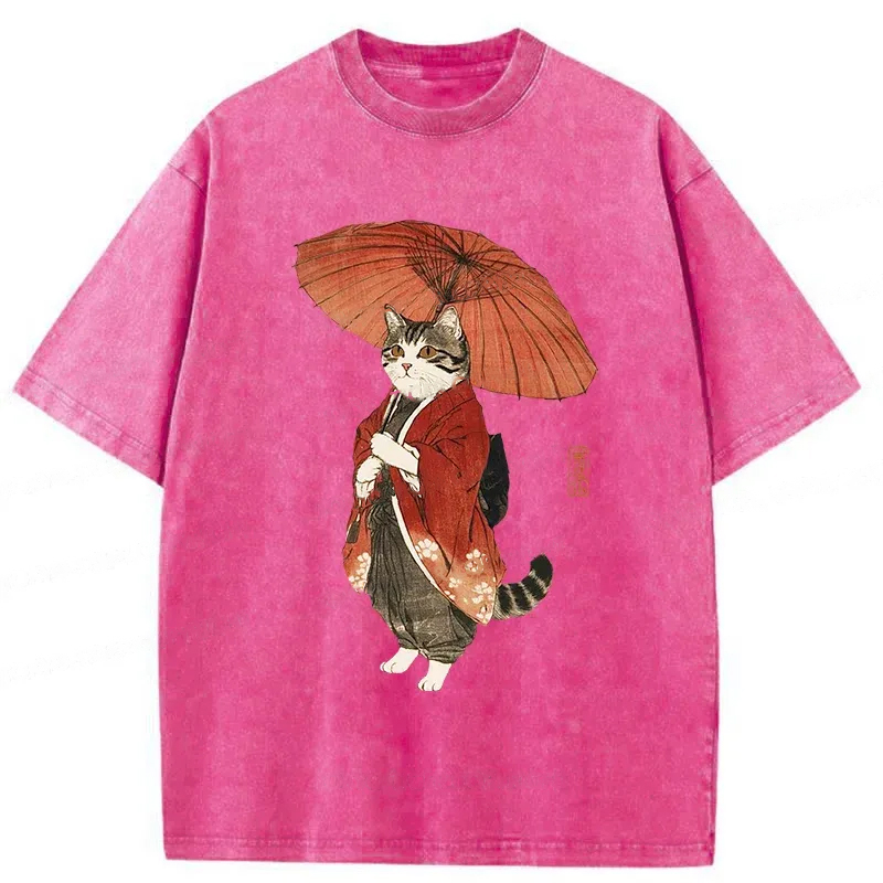 Modecanvas Elegant Cat Holding Umbrella Washed T-Shirt-modecanvas