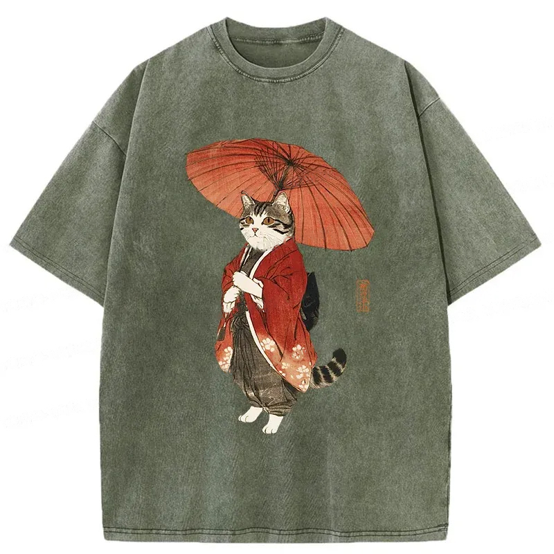 Modecanvas Elegant Cat Holding Umbrella Washed T-Shirt-modecanvas
