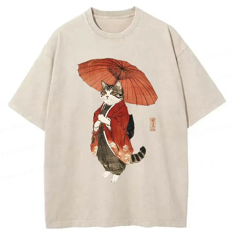 Modecanvas Elegant Cat Holding Umbrella Washed T-Shirt-modecanvas
