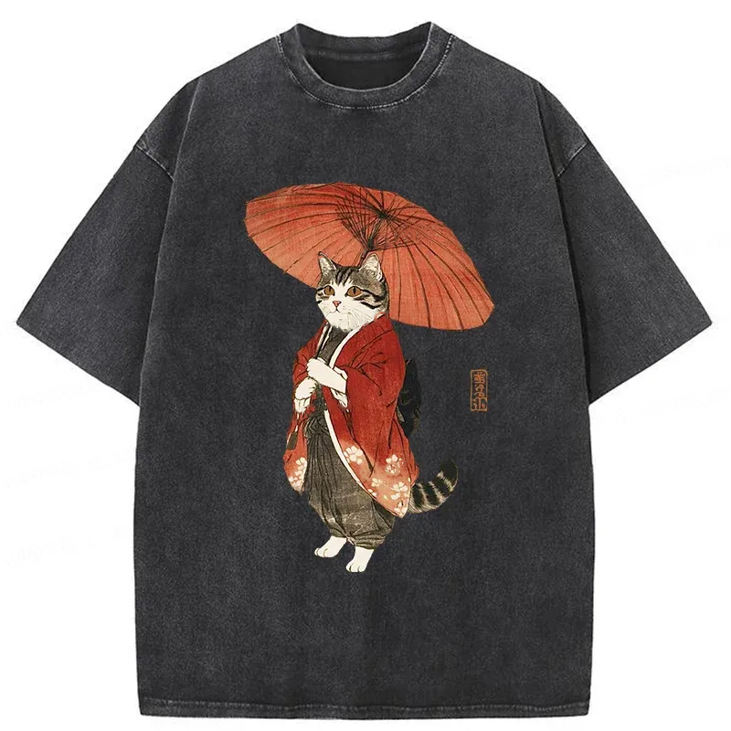 Modecanvas Elegant Cat Holding Umbrella Washed T-Shirt-modecanvas