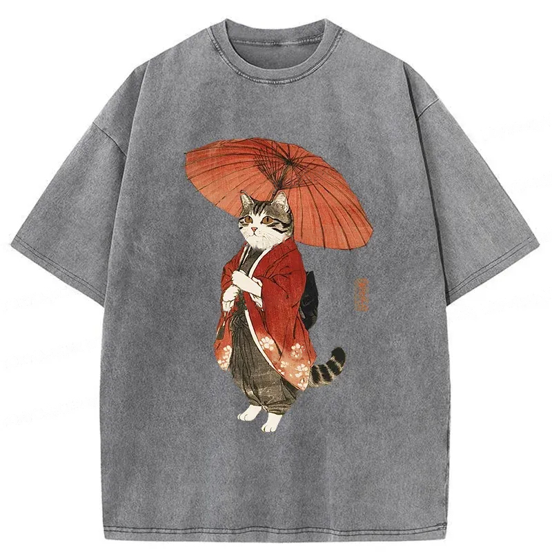 Modecanvas Elegant Cat Holding Umbrella Washed T-Shirt-modecanvas